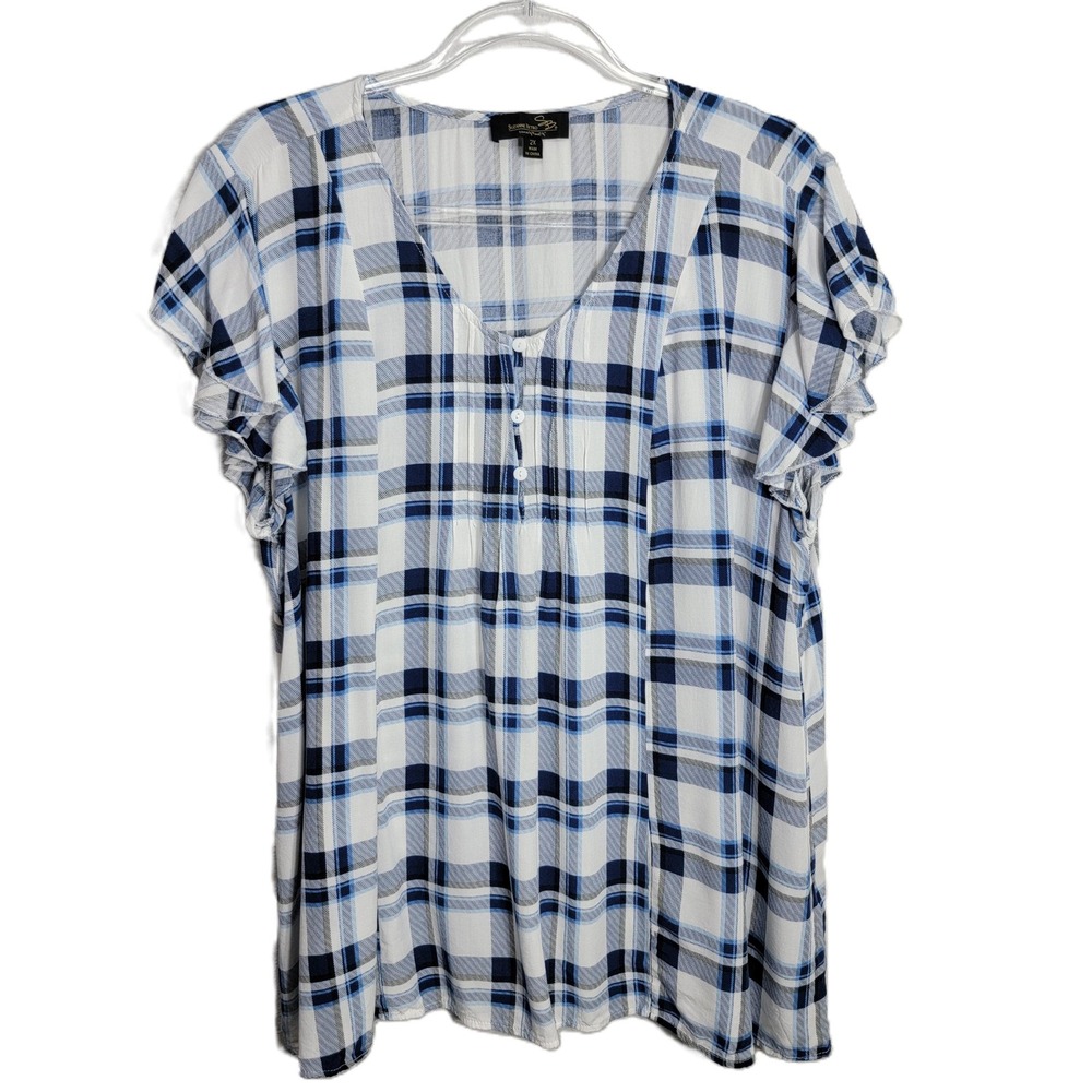 Suzanne Betro Womens 2X Blue White Plaid Ruffle Sleeve V-Neck Rayon Top U1501322